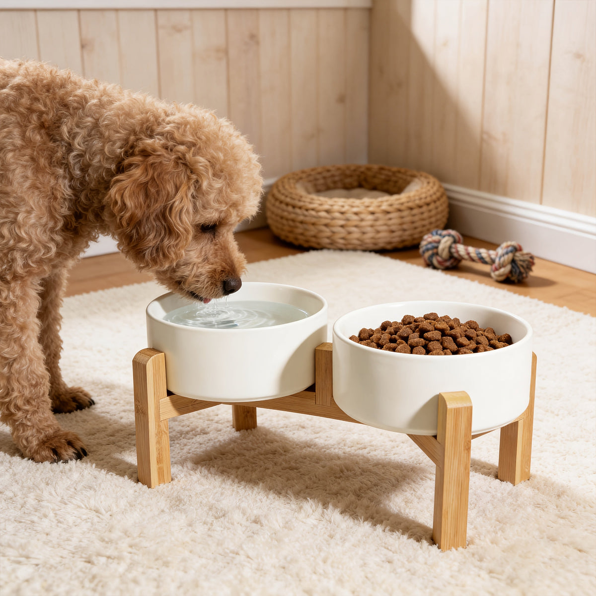 Elevated Ceramic Dog Bowl Set with Bamboo Stand - Raised Double Dog Bowls 28.74oz Non-Slip Feeder for Dogs Cats & Puppies, Adjustable Height Slow Feed Dog Food Bowl with Storage (4 Colors)