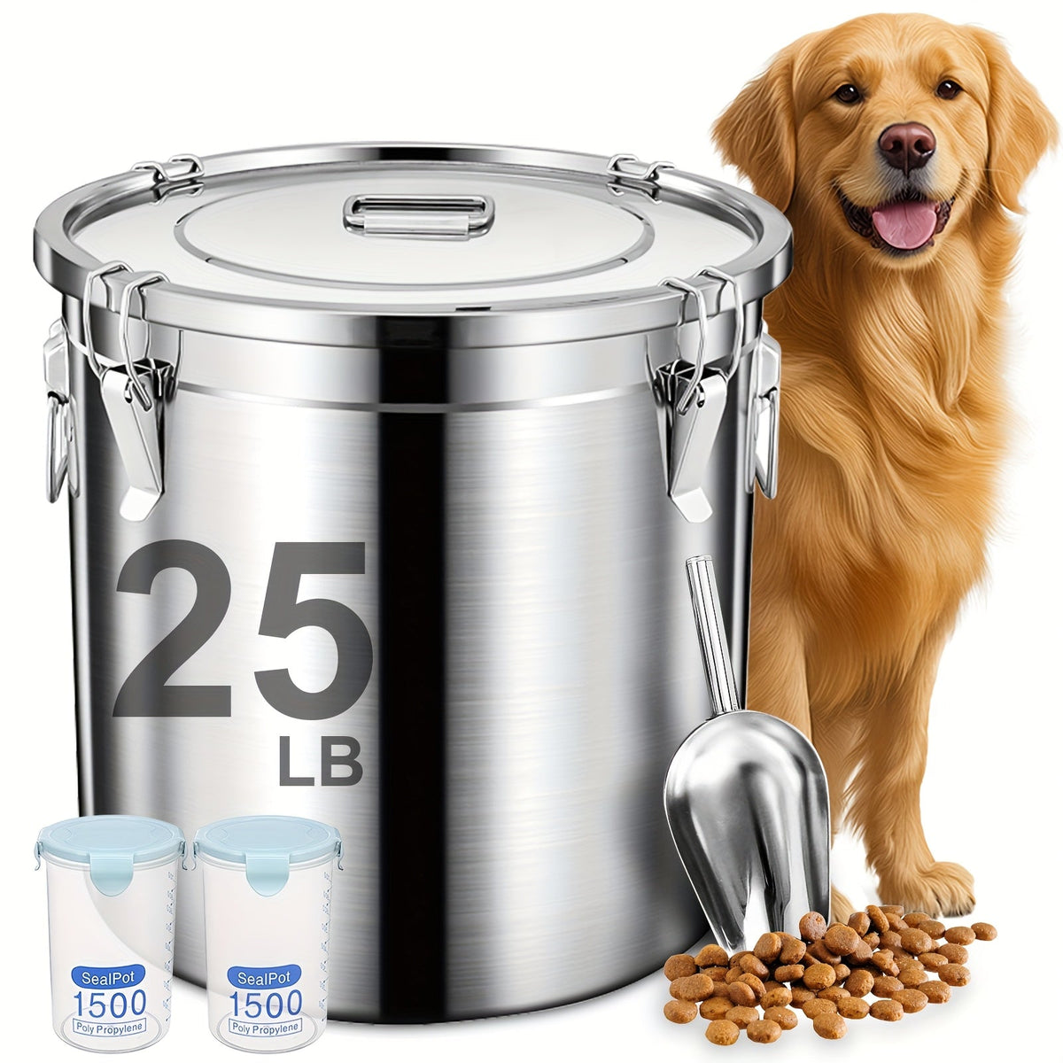 Stainless Steel Airtight Pet Food Storage Container with Scoop & 2 Small Containers - Large Metal Dog & Cat Food Bin, Keeps Food Fresh, 15 lb / 20 lb / 25 lb Capacity Options