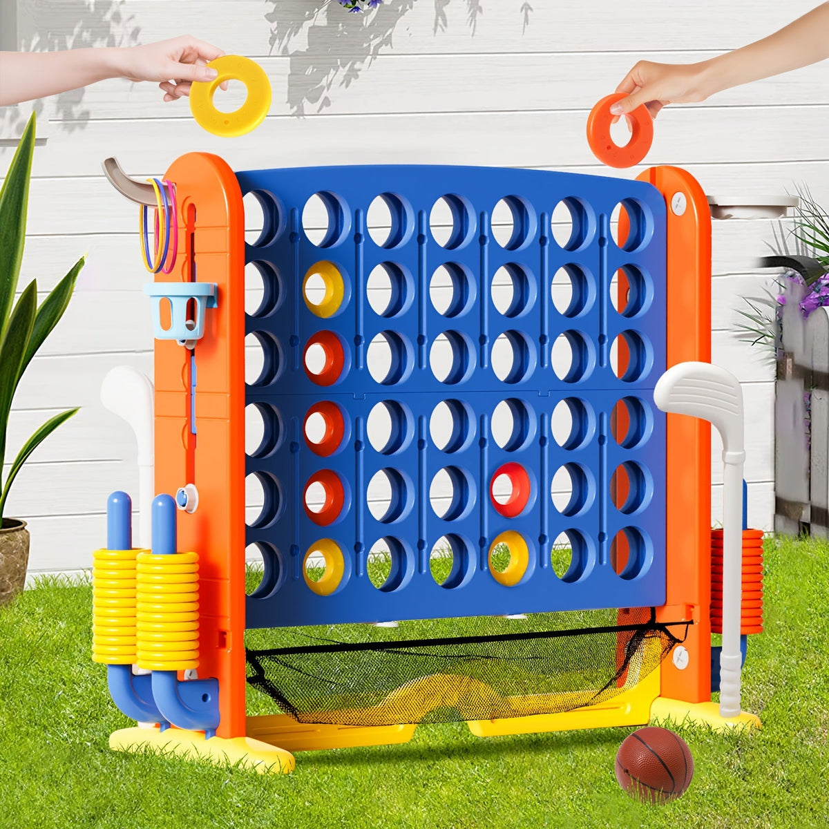 4-in-1 Giant Connect Four Game Set Adjustable Height Basketball Hoop Golf Ring Toss Kids Adults Indoor Outdoor Family Party Color Learning Educational Toy Gift