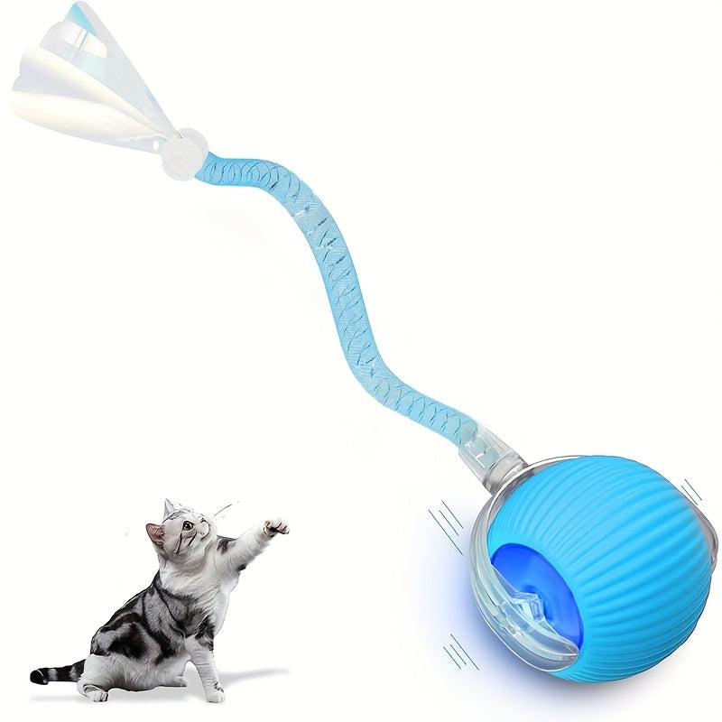 Electric Self-Rolling Cat Ball Toy Automatic Interactive Cat Toy Ball with Elastic Net Tail Fast Rolling Smart Motion Ball for Indoor Cats Kittens Carpet Floor Play