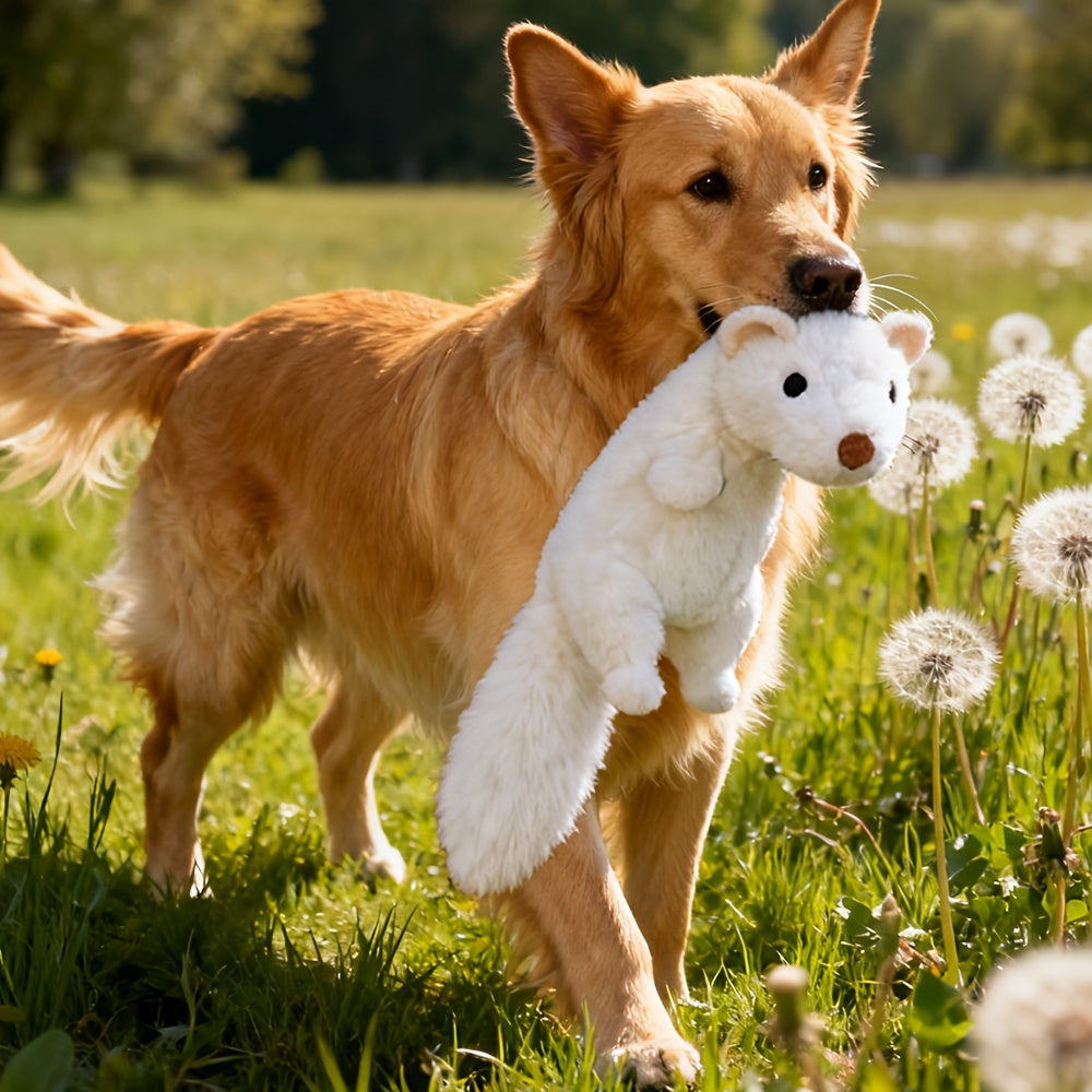 Squeaky Dog Chew Toy with Real Goose Feathers - Durable Non-Toxic Bite-Resistant Plush Squeaker Toy for Teething Puppies & Interactive Play, Fun Funny Ermine Design Dog Toy for Small & Medium Dogs