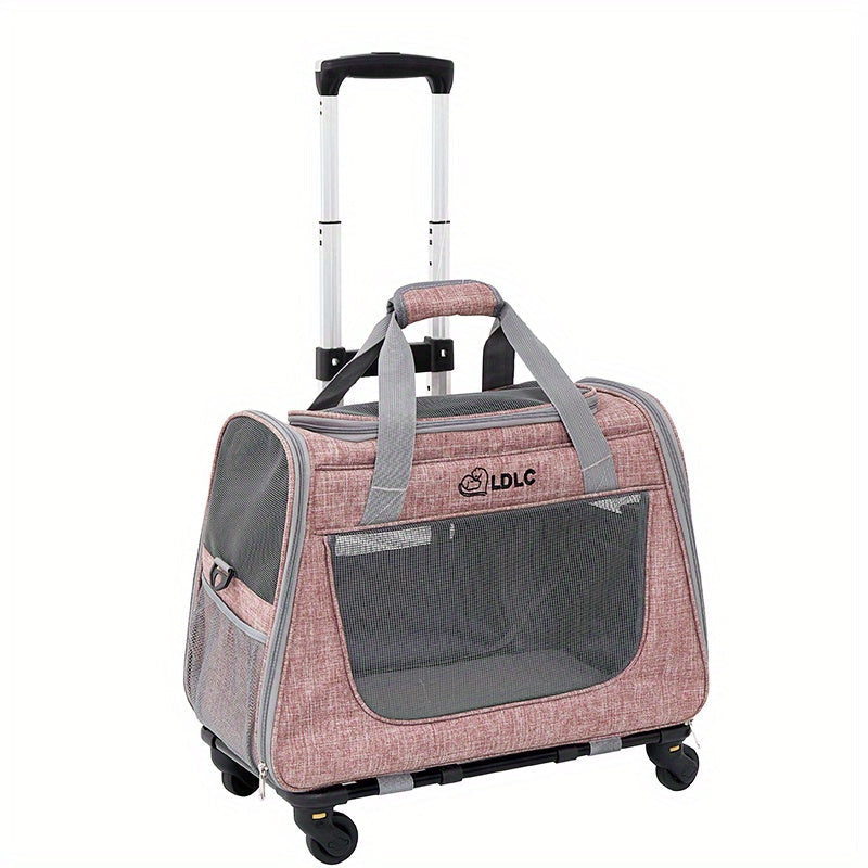 2-in-1 Rolling Pet Carrier with Wheels - Trolley Cat Carrier Backpack for Travel, Detachable Wheeled Cat Bag for Cats and Small Dogs, Airline-Friendly Pet Luggage Carrier, Light Grey & Light Pink