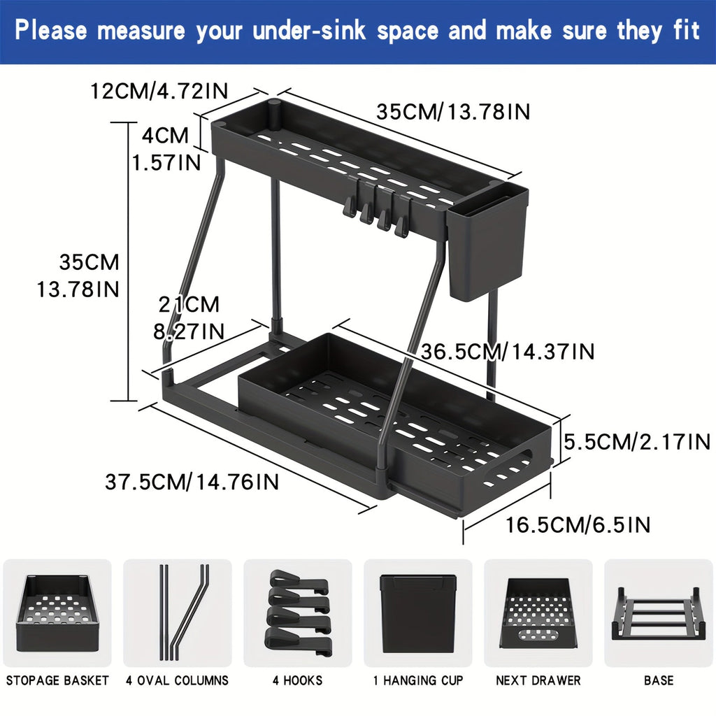 Under Sink Organizer 2-Pack with Sliding Drawer Shelves – Pull-Out Cabinet Storage Rack for Bathroom, Kitchen, Pantry & Vanity, Durable Metal Frame, Space-Saving Organization, Black or White