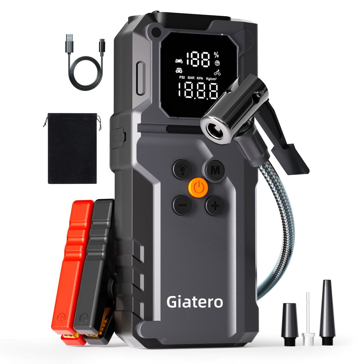 12V Portable Car Jump Starter with Built-In Air Compressor Tire Inflator – Emergency Battery Booster for Gas (3.7 Gal) & Diesel (3.17 Gal) Engines, Trucks & Cars Emergency Starter Power Supply