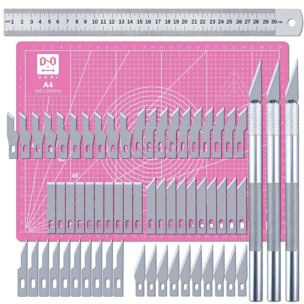 65 Pcs Exacto Knife Craft Cutting Kit with A4 Cutting Mat – Precision Stencil Knife Set with Blades & Cutting Rulers for Paper Modelling, DIY Crafts, Scrapbooking, Art & Card Making