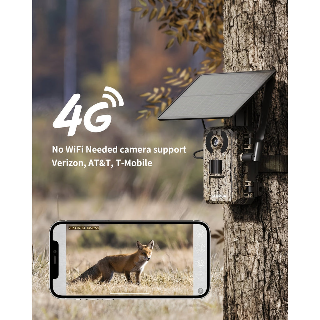 4G LTE Solar Trail Camera – 4K Live Video Remote Viewing, HD 82ft Night Vision, 0.2s Trigger, Built-In SIM Card, IP65 Waterproof, No WiFi Needed, Hunting Wildlife Camera 1pc/4pcs