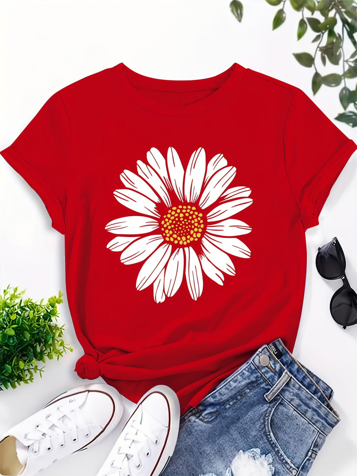 Women's Daisy Flower Print Round Neck T-Shirt | Casual Summer Tops for Women Short Sleeve Tee Shirts Cute Floral Graphic Tshirts S M L XL XXL