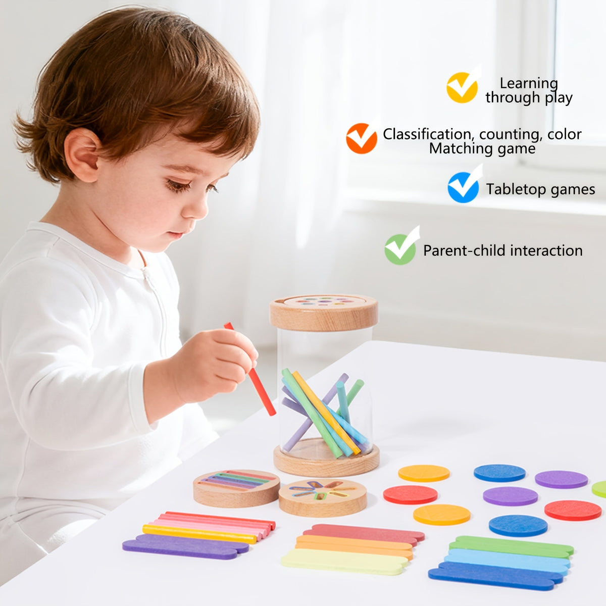 Kids 3-in-1 Color Sorting Tube Game – Color Matching Cup Set with Sorting, Counting, Coin Tossing & Stick Drawing Modes, Montessori Educational Math Toy for Toddlers Ages 3+, Learning Gift for Boys & Girls