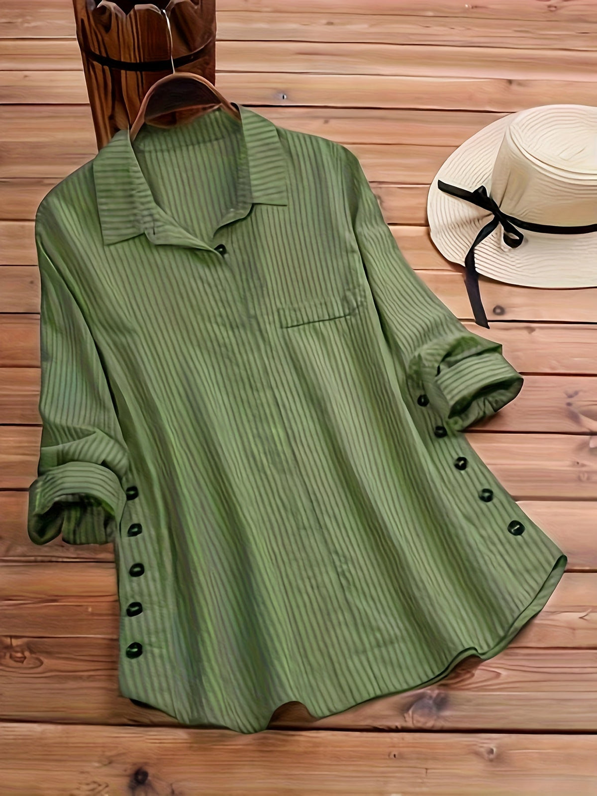 Women's Long Sleeve Striped Button-Up Shirt Lapel Collar Faux Pocket Casual Loose Blouse Top Yellow Olive Green Spring Fall S M L XL XXL