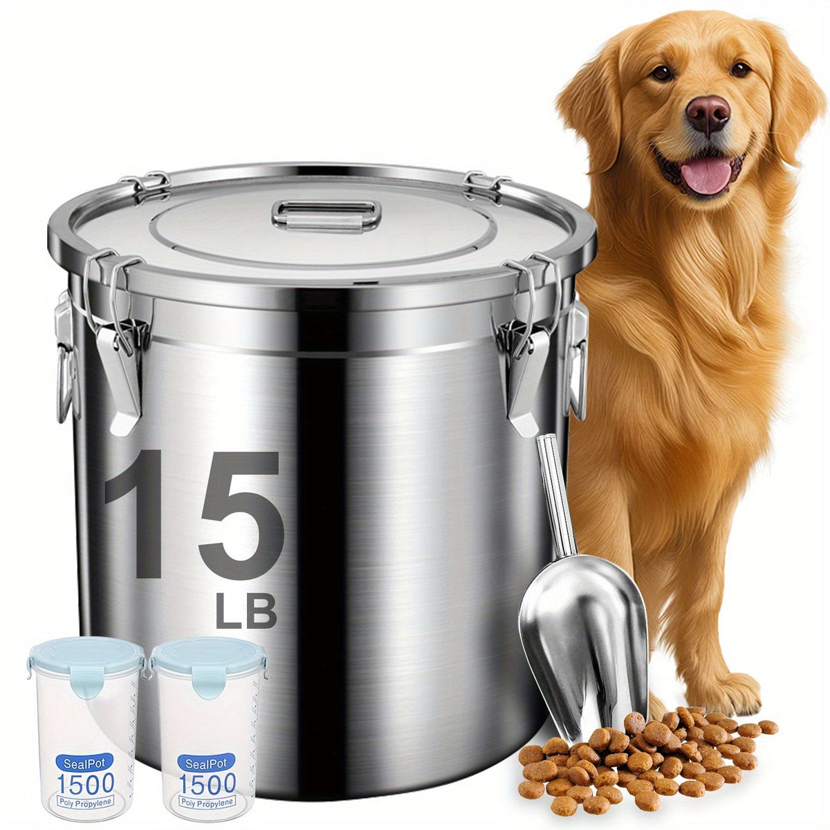 Stainless Steel Airtight Pet Food Storage Container with Scoop & 2 Small Containers - Large Metal Dog & Cat Food Bin, Keeps Food Fresh, 15 lb / 20 lb / 25 lb Capacity Options