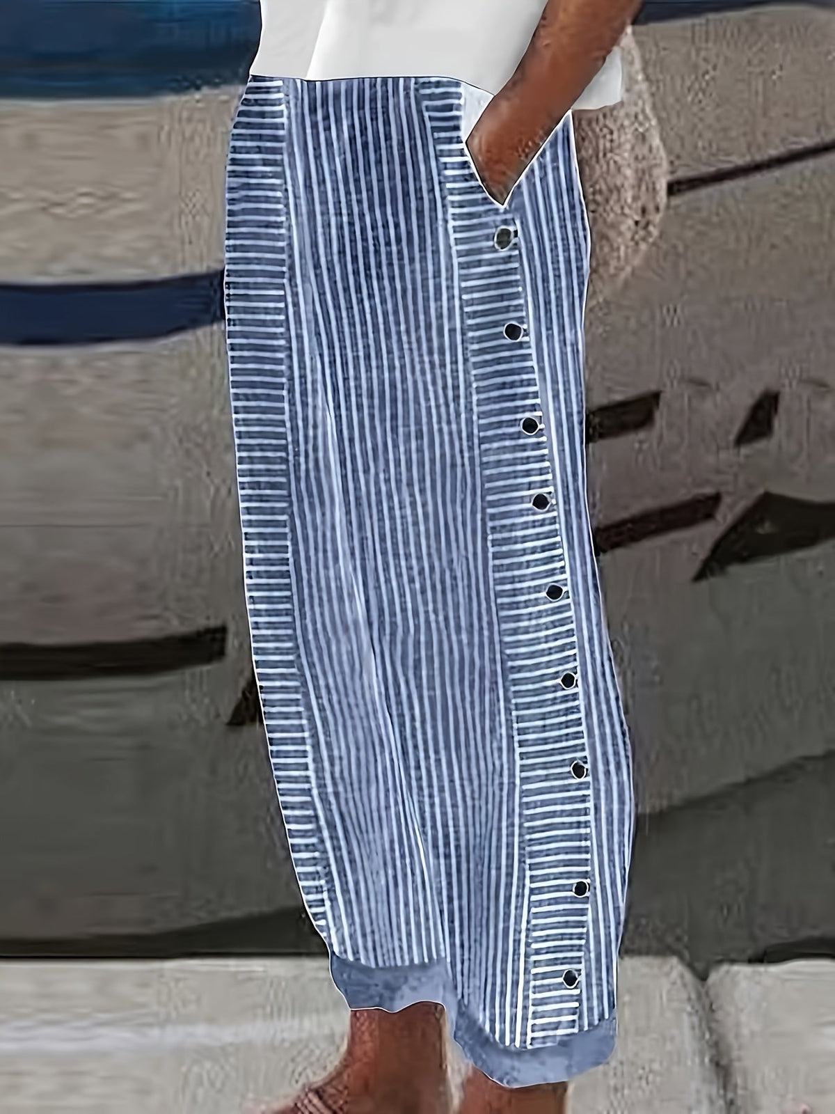 Women's Striped Straight Leg Casual Trousers – Classic Western Style Spring Summer Pants with Pockets for Everyday & Smart Casual Wear