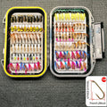 114-Piece Fly Fishing Lures Assortment with Portable Box - 11 Mixed Styles Dry/Wet Flies, Nymphs & Streamers, Size 10 Hooks for Trout, Bass, Salmon, Steelhead & Carp - Freshwater & Saltwater