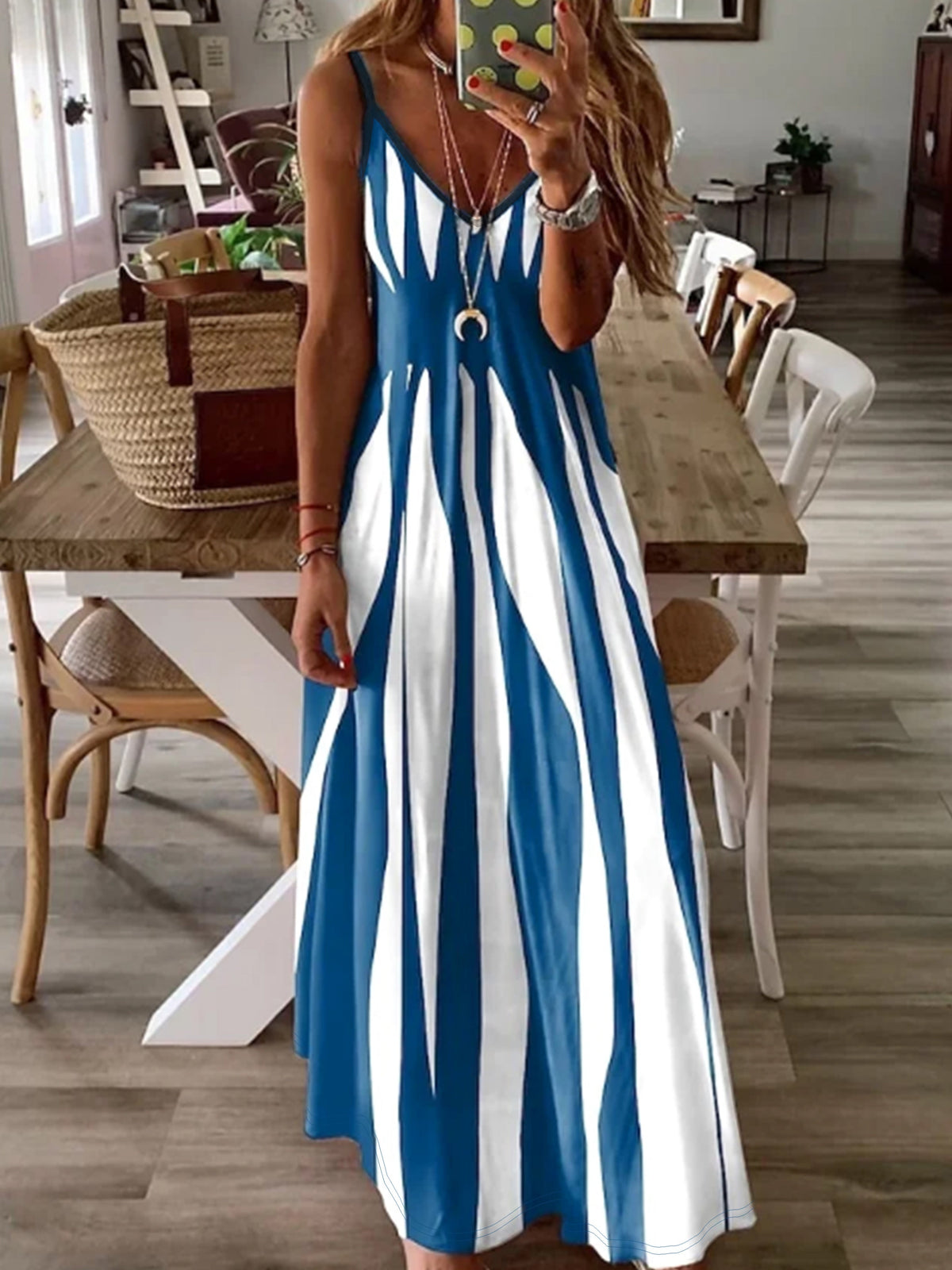 Women's V-Neck Spaghetti Strap Printed Casual Dress – 100% Polyester Knit Stretch Midi Dress for Spring Summer Fall Winter All Seasons