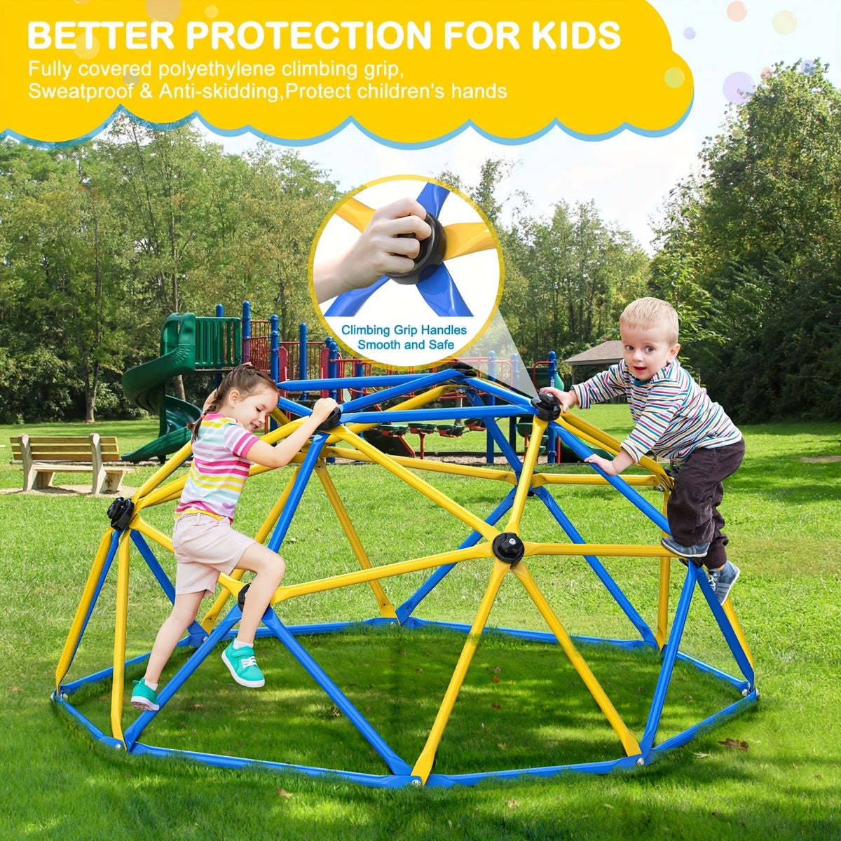 6-Foot Outdoor Kids Climbing Dome Backyard Jungle Gym with Stainless Steel Frame Weather-Resistant 600 Lbs Capacity Safe Activity Center Gift for Boys Girls Ages 3 to 10 Years Yellow Blue