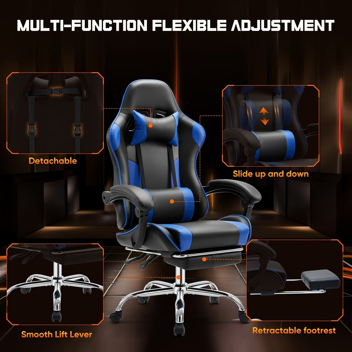 Ergonomic Gaming Chair with Footrest & Lumbar Support – Racing Style Esports Computer Chair, Fixed Armrests, Adjustable Recliner, Home Office Desk Chair for Adults