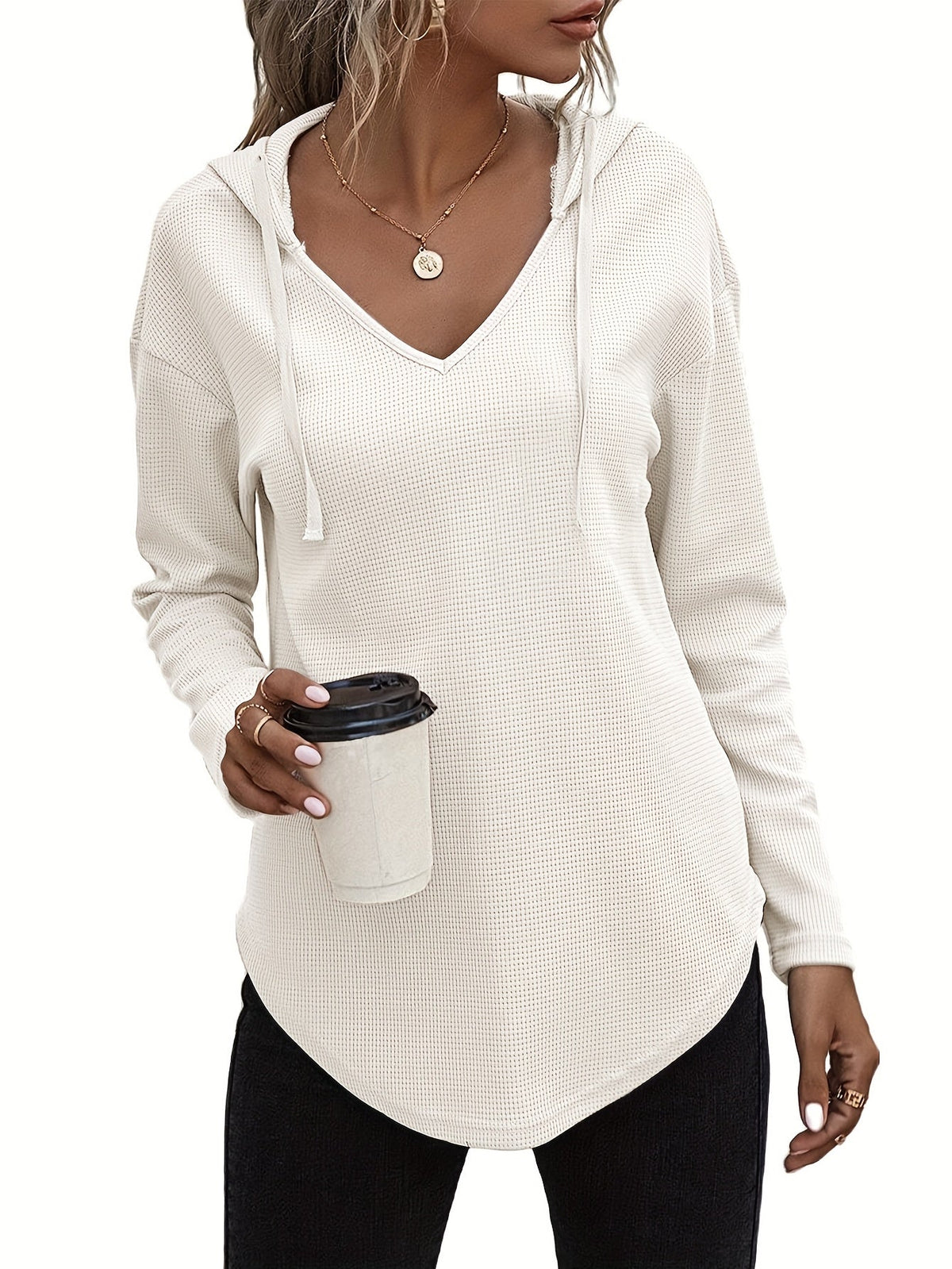 Women's Hanky Hem V-Neck Drawstring Hoodie Sweatshirt - Casual Long Sleeve Knit Hooded Pullover for Fall Winter