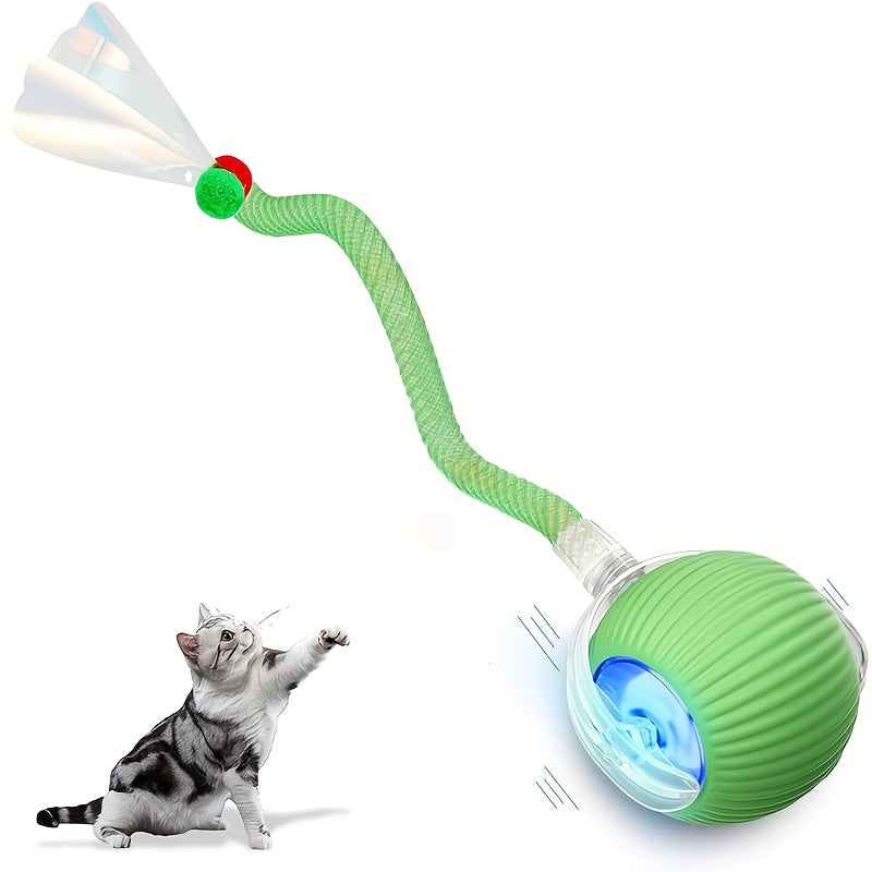 Interactive Cat Ball Toy with Elastic Net Tail, Automatic Moving Electric Ball Toy for Cats - Motion Activated, Obstacle Avoidance, Works on Floors Tiles Carpets, USB Rechargeable Smart Cat Toy