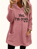 Women's "Yes I'm Cold" Teddy Bear Graphic Hooded Sweatshirt – Cozy Fleece-Lined Pullover Hoodie Double Pocket Long Sleeve 100% Polyester Fall Winter Casual Top