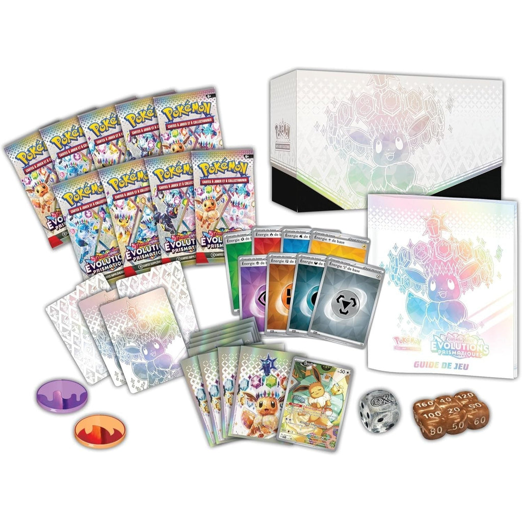 Pokemon TCG Scarlet Violet Prismatic Evolutions Elite Trainer Box 100% Authentic 9 Booster Packs Eevee Foil Promo 65 Sleeves Energy Cards Dice Collector Box