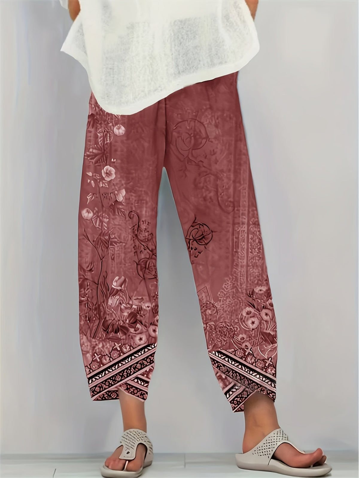 Vintage Floral Capri Pants with Elastic Waist & Pockets | Women's Retro Smocked Cropped Trousers | Casual Comfortable Boho Bottoms for Spring Summer Fall | S-XXL Multiple Colors