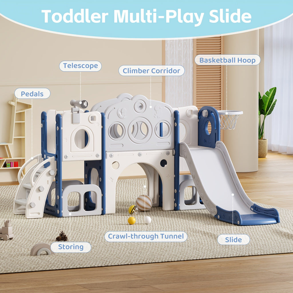 Toddler Kids Slide Outdoor Indoor Playset with Basketball Hoop and Telescope Backyard Playground Equipment for Baby Boys Girls Birthday Gift Grey White Orange Green