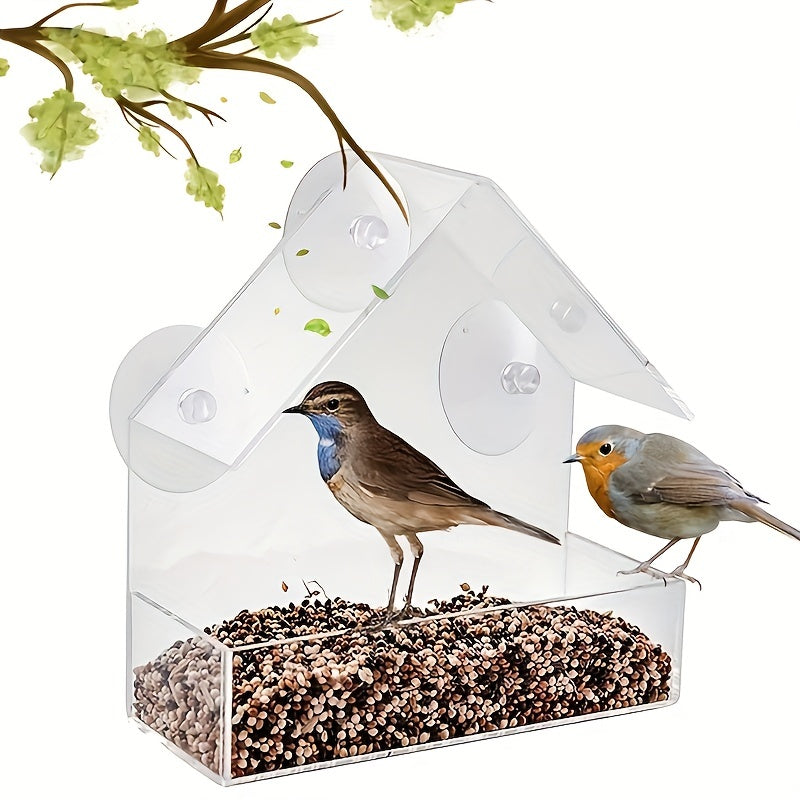 Acrylic Window Bird Feeder House-Shaped Transparent Seed Tray with Suction Cups for Secure Mounting – Clear View Wild Bird Feeder for Backyard Garden Bird Watching
