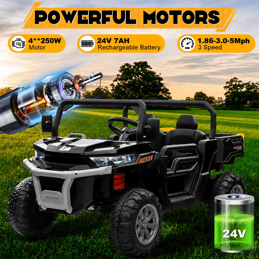 24V Kids Ride-On Dump Truck with Motorized Lifting Bed, Detachable Trailer & Bluetooth Music – Electric Quad Vehicle for Boys & Girls Ages 3-8, Forward/Reverse, Wear-Resistant Wheels