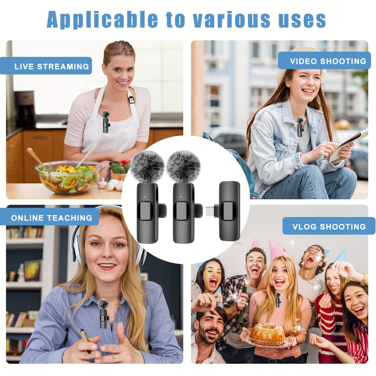 Clip-On Wireless Lavalier Microphone with 360° Omnidirectional Pickup, Noise Reduction & USB-C Rechargeable – 2-in-1 Voice Control for Streaming, Podcasts, Vlogging & Recording, Black & Pink
