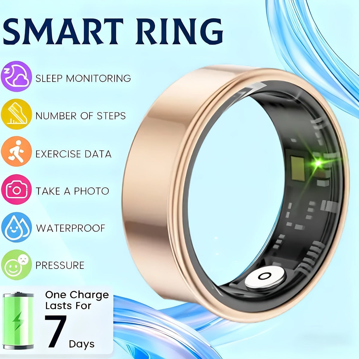 Smart Ring Fitness Tracker for Women Men Step Counter Calories HRV Stress Monitor Heart Rate 100+ Sports Modes IP68 Waterproof Health Ring iPhone Android Compatible