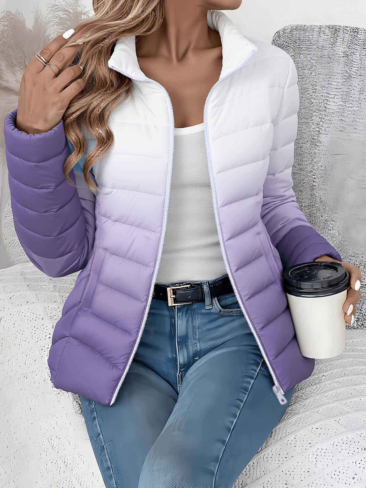Women's Quilted Puffer Jacket Lightweight Padded Coat Stand Collar Zip Up Cropped Outerwear Fall Winter Slim Fit