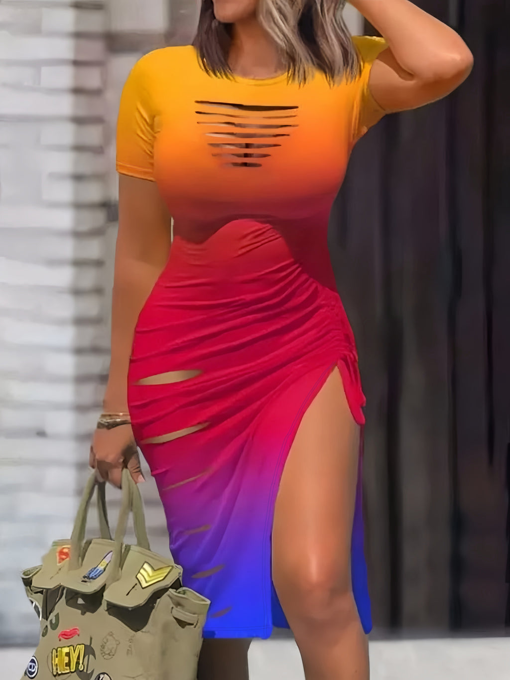 Women's Sexy Cut Out Drawstring Bodycon Dress Short Sleeve Split Hem Mini Dress Tight Fitting Summer Club Party Dress S M L XL XXL