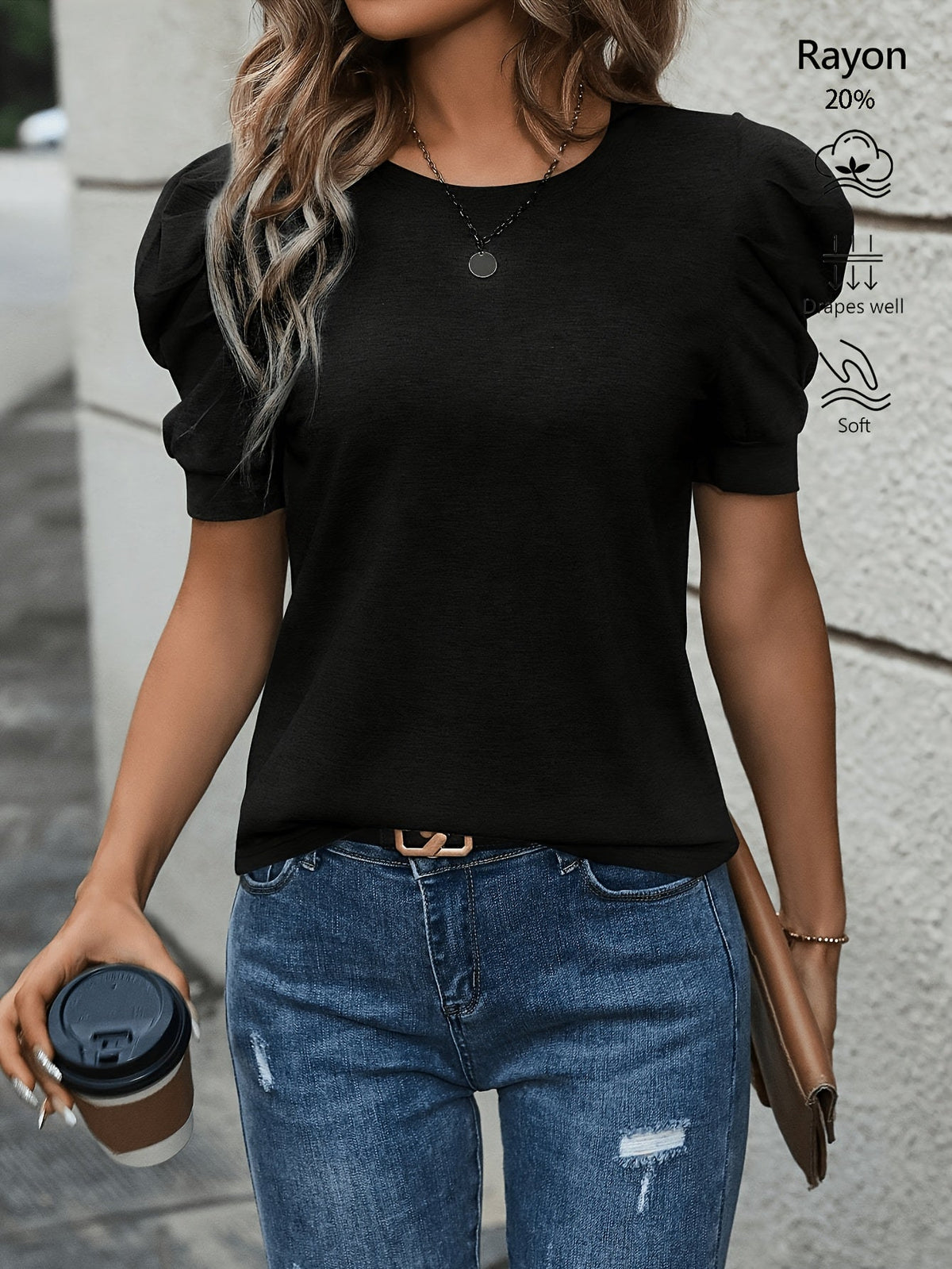 Women's Lantern Sleeve T-Shirt Solid Color Crew Neck Casual Tops Stretch Knit Blouse for Women S M L XL | Pale Pinkish Gray Black Green Apricot