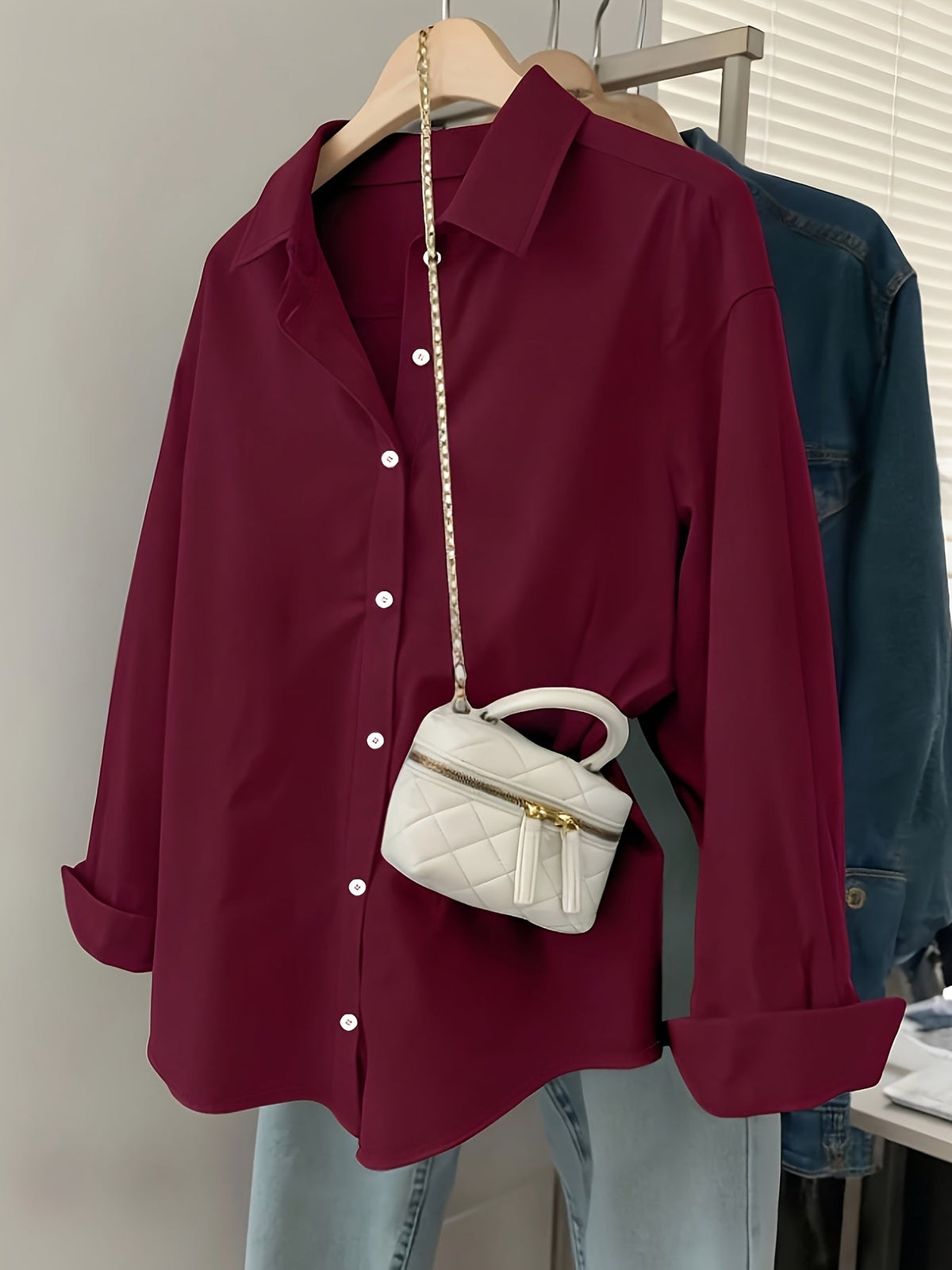 Women's Long Sleeve Button Down Shirts Solid Color Casual Loose Fit Blouse Tops for Women Classic Collar Office Work Shirt
