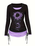 Women's Moon Sun Print Long Sleeve T-Shirt Colorblock Ruched Side Tie Casual Top Stretch Knit 2-in-1 Style Fashion Tee S M L XL XXL