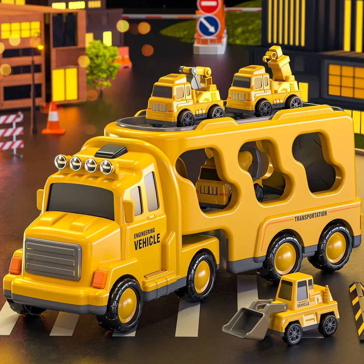 5-in-1 Engineering Vehicle Toy Set for Kids Ages 2+ - Friction-Powered Construction Trucks Including Dump Truck, Excavator & More, Durable Toddler Transport Playset, Birthday & Holiday Gift, Yellow