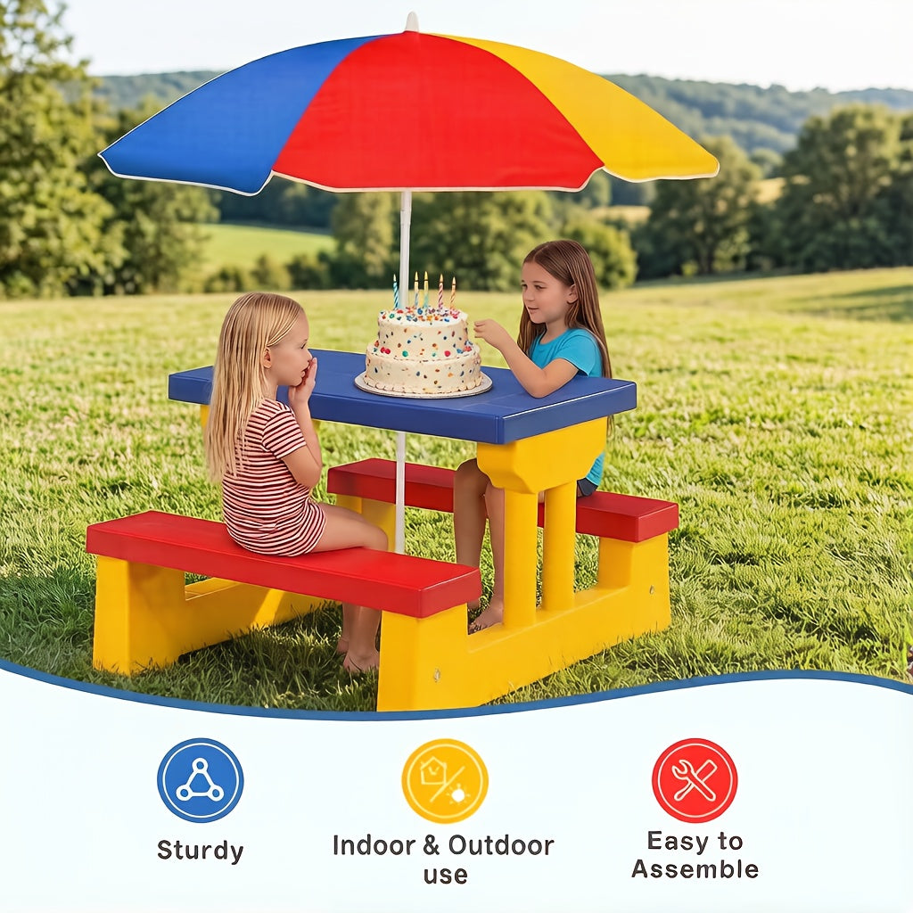 Kids Picnic Table with Removable Foldable Umbrella – 2-in-1 PP Table & Bench Set Seats 4 Children, UV Protection, Safe Rounded Edges, Indoor Outdoor Activity Table for Backyard Garden, Best Gift for Kids