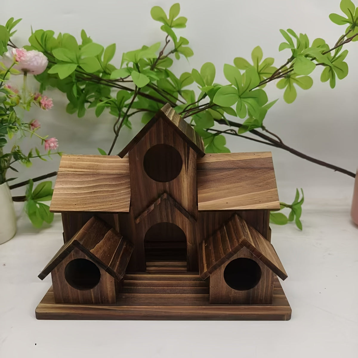 Rustic Wooden Birdhouse for Outdoor Garden - Villa-Style Multi-Level Multi-Compartment Hanging Bird Feeder & Nesting House - DIY Paintable Yard Decor to Attract Wild Birds - Primary/Wood Color