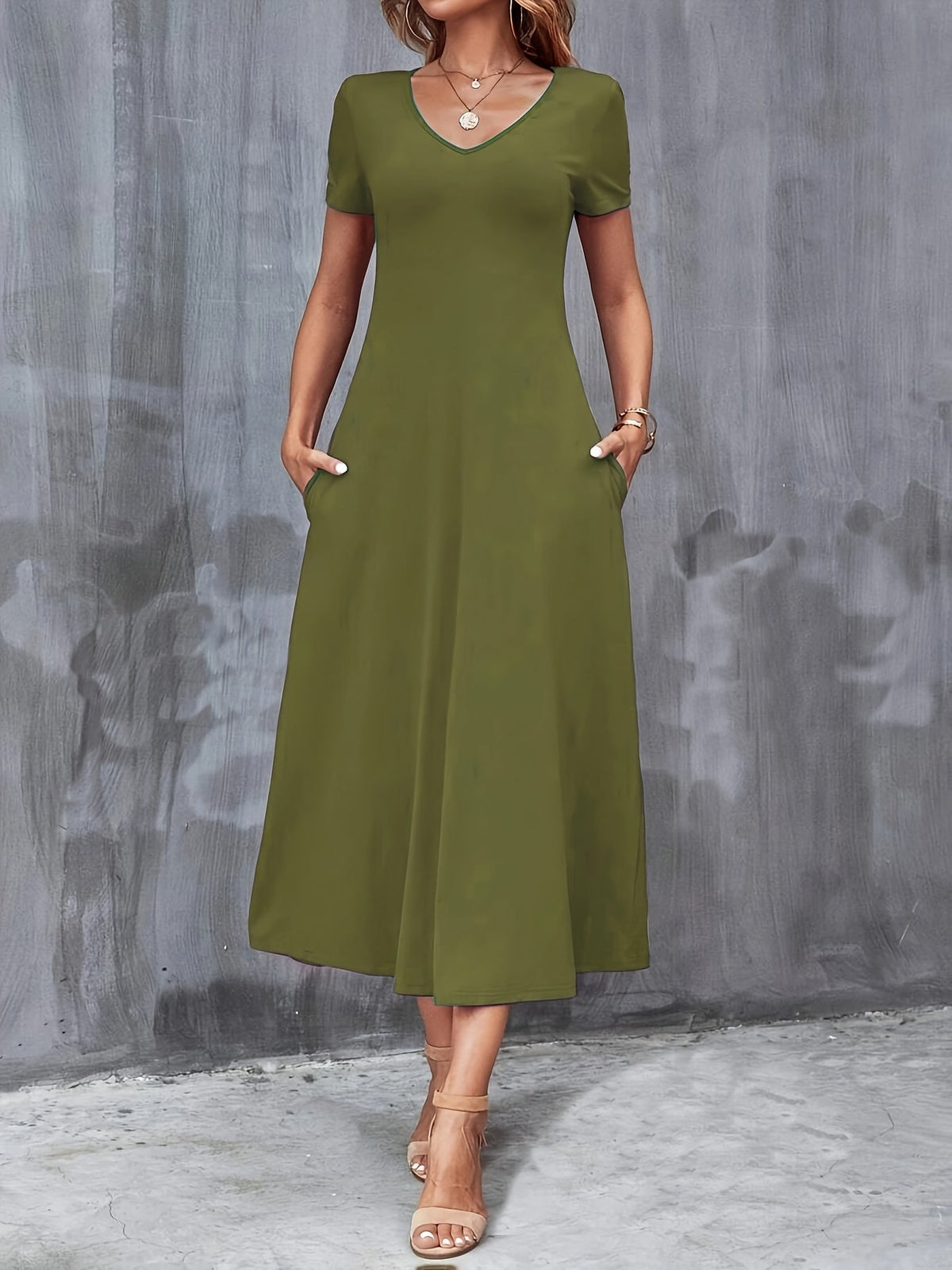 V-Neck A-Line Dress with Pockets Women Short Sleeve Casual Solid Color Knit Stretch Machine Washable Blue Black Navy Burgundy Olive Dark Green S M L XL XXL