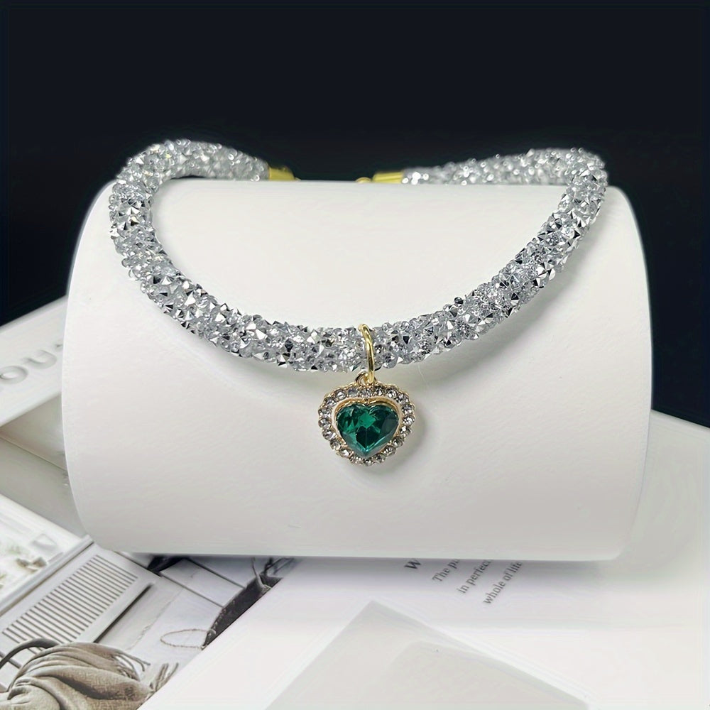 Cat Collar Necklace with Rhinestone Heart Pendant - Cute Bling Pet Collar for Cats & Small Dogs, Adjustable Breakaway Safety Collar, Fashion Pet Jewelry Accessory
