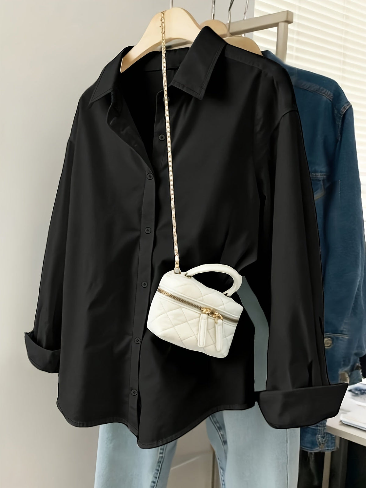 Women's Long Sleeve Button Down Shirts Solid Color Casual Loose Fit Blouse Tops for Women Classic Collar Office Work Shirt