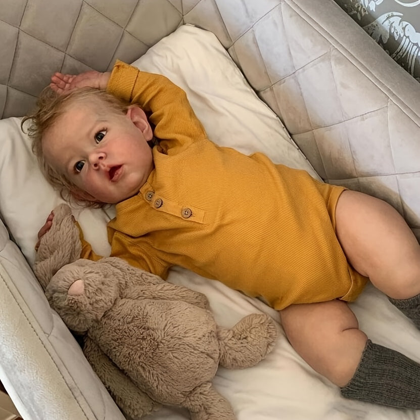 Reborn Baby Doll 27.56 Inch Realistic Soft Vinyl Cloth Body Handmade Lifelike Newborn Girl Doll with Rooted Hair Bottle Pacifier - BZDOLL Liam Blonde Toddler Art Doll Gift