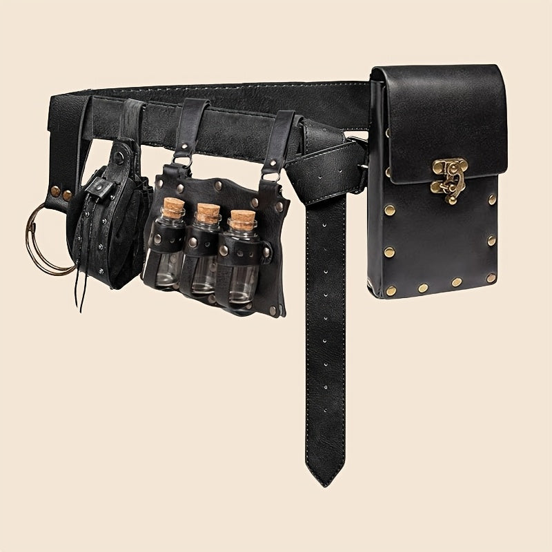 Viking Medieval Waist Bag Set 5 Piece Faux Leather Pouch with Glass Vials Buckles Straps Vintage Costume Accessory for Halloween Cosplay Renaissance Faire LARP Role Playing Black Brown