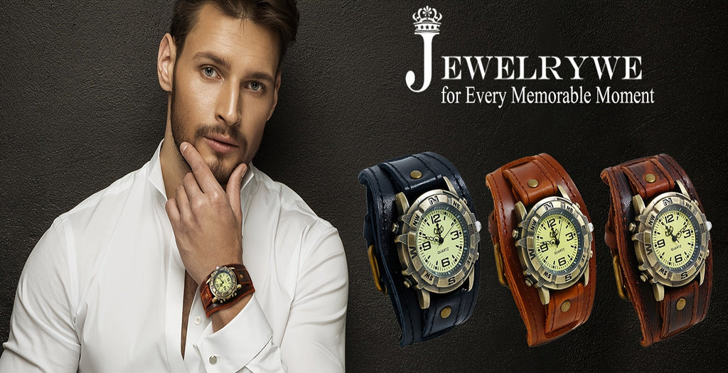 Vintage Steampunk Wide Leather Strap Analog Quartz Watch for Men Women – Unisex Biker Style Round Case, Dark Brown Black Brown, Halloween Christmas Father's Day Gift