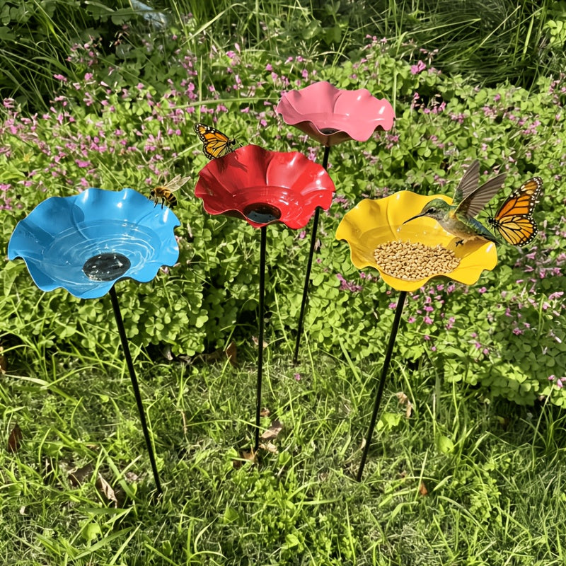 Metal Flower Bird Bath for Garden - Decorative Floral Bird Bath and Pollinating Insect Watering Station for Flower Beds Lawn Edges Garden Borders and Planters, Outdoor Garden Decor in 4 Colors
