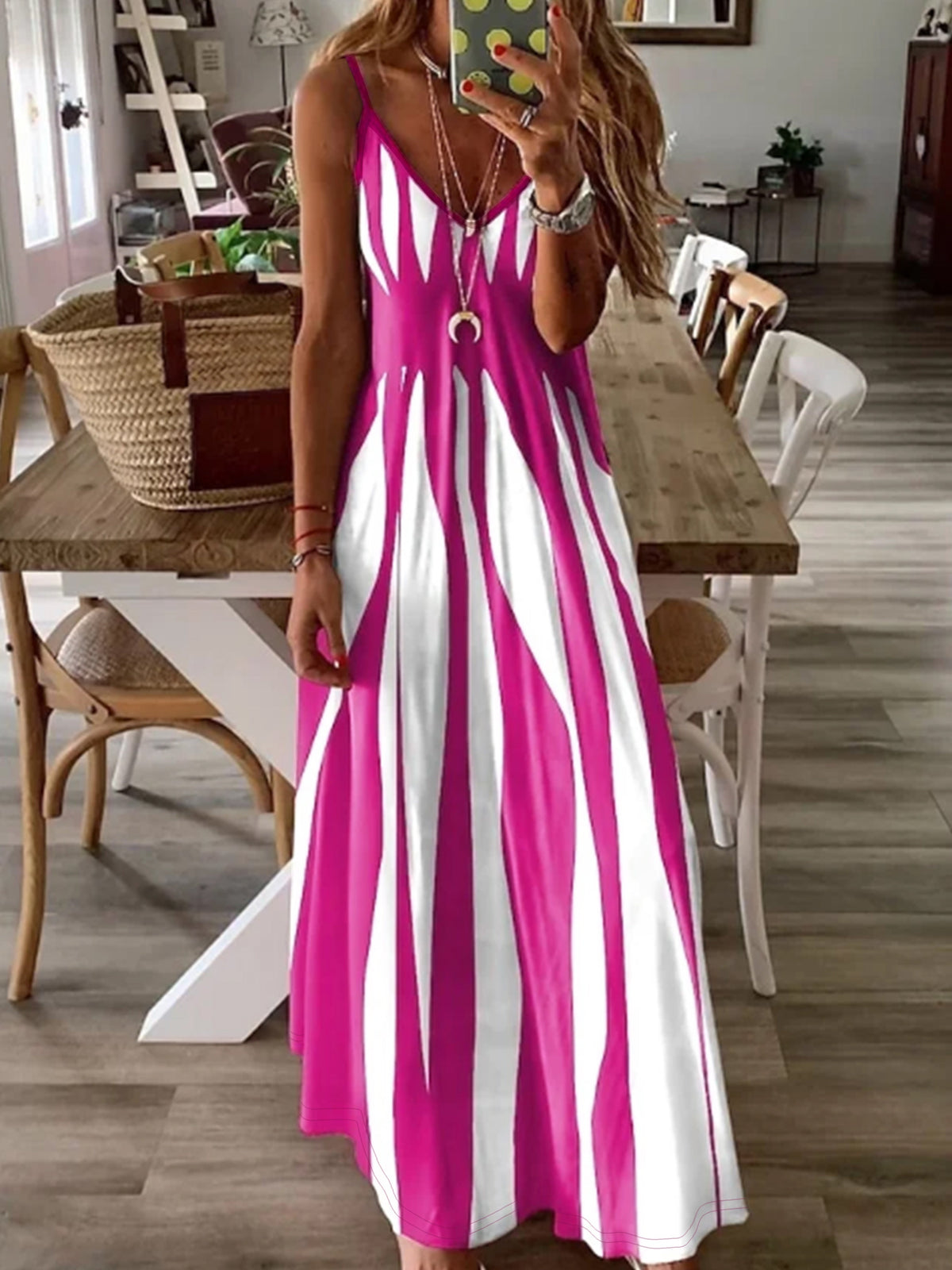 Women's V-Neck Spaghetti Strap Printed Casual Dress – 100% Polyester Knit Stretch Midi Dress for Spring Summer Fall Winter All Seasons