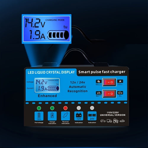 12V 24V Smart Battery Charger with LCD Display – Intelligent Trickle Charging, Overcharge & Short Circuit Protection, Universal Fit for Car, Truck, Motorcycle, Yacht & RV Batteries, Automatic Battery Maintainer & Conditioner