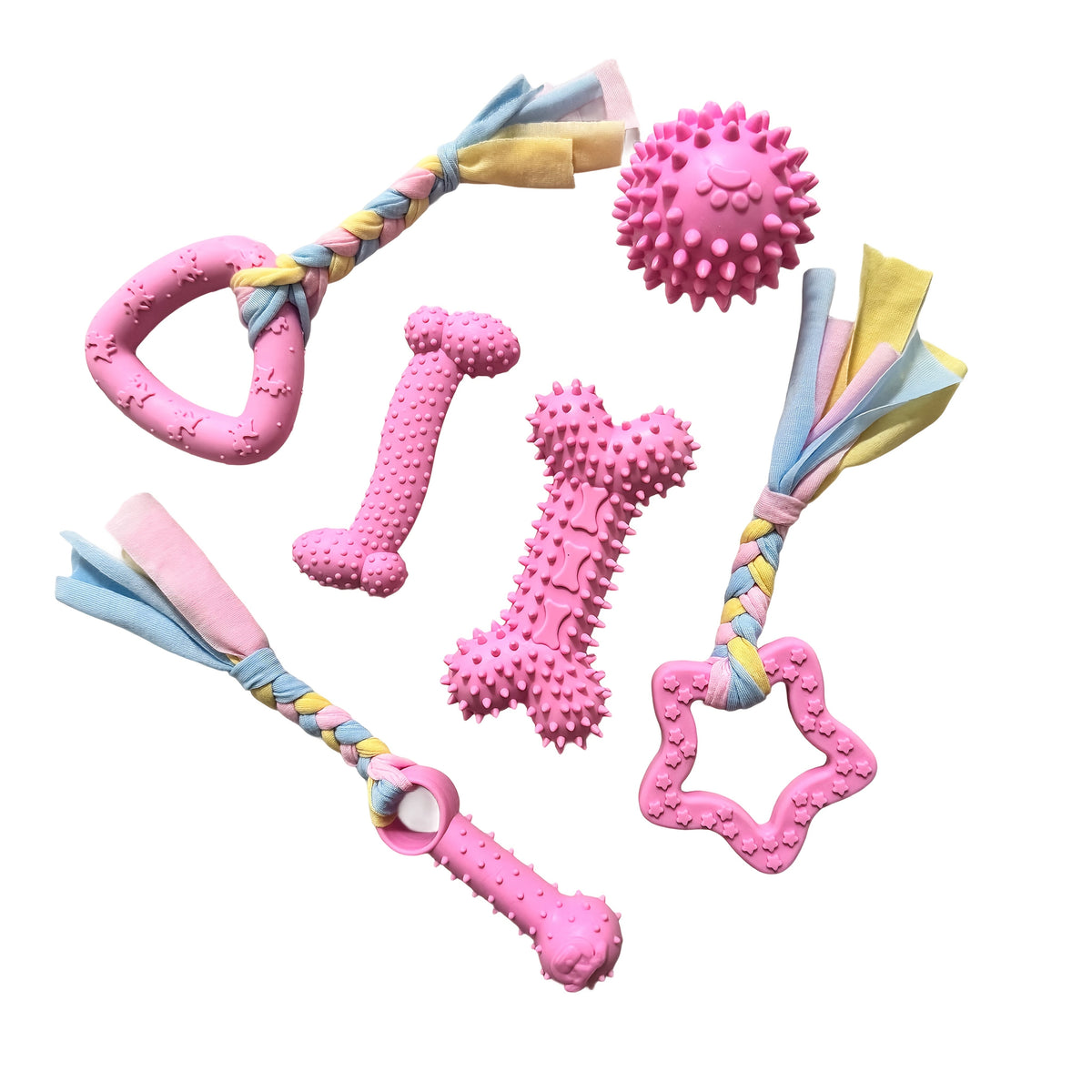 Dog Chew Toys Set of 6 Durable Rubber Interactive Teething Toys for Dogs Puppy Teeth Cleaning Chewing Toys for Aggressive Chewers Small Medium Large Breeds – Color-Themed Pet Dental Chew Toy Bundle