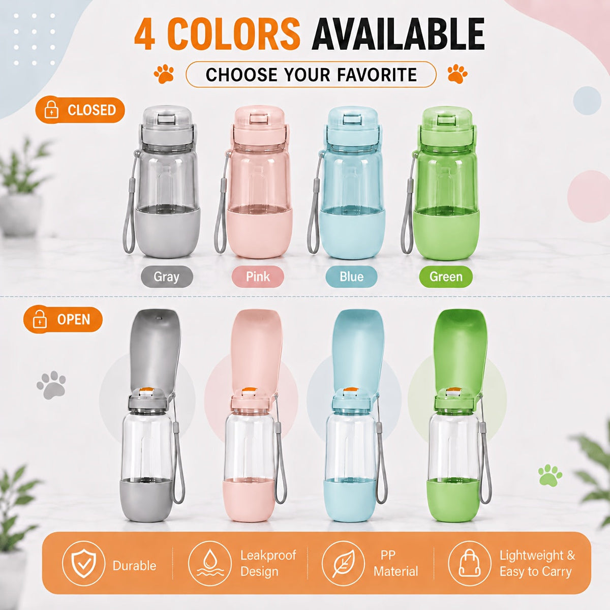 Portable Pet Water Bottle with Lanyard 2-in-1 Leak-Proof Water & Food Dispenser for Dogs & Cats - Compact Travel Water Cup for Outdoor Walks Hiking Camping - Lightweight Dog Cat Water Bottle