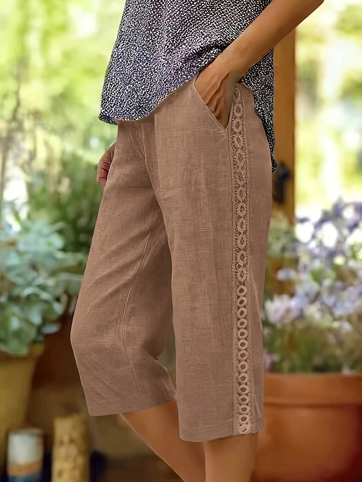 Women's Capri Pants Side Lace Elastic Waist Diagonal Pockets Casual Three Quarter Length Pants Green Black White Grey Sky Blue Khaki S-XXL