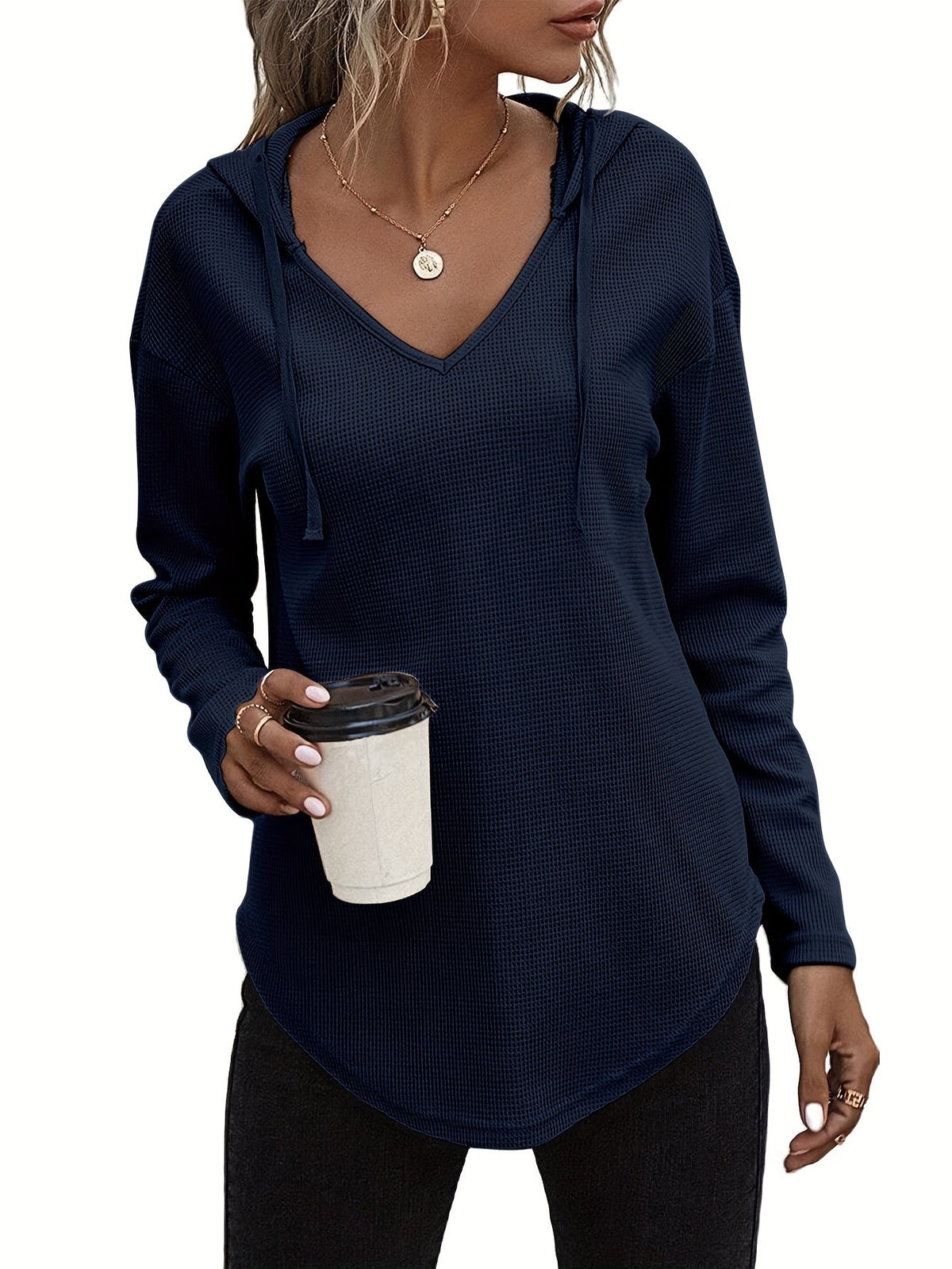 Women's Hanky Hem V-Neck Drawstring Hoodie Sweatshirt - Casual Long Sleeve Knit Hooded Pullover for Fall Winter